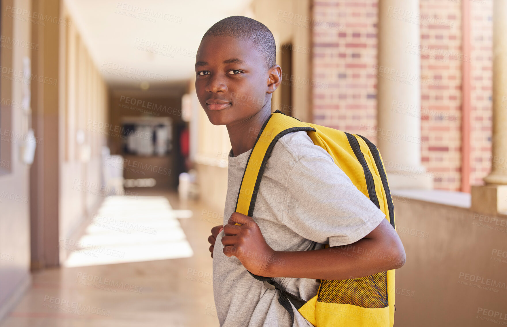 Buy stock photo Child, backpack and school portrait of a African kid ready for education, learning and study. Boy student on campus looking forward to studying, knowledge growth and youth development on first day