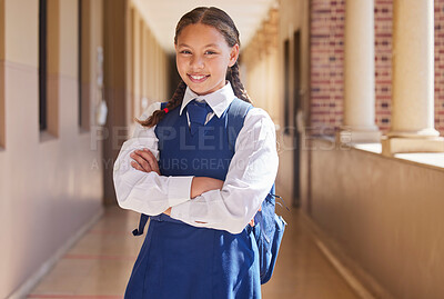 Buy stock photo Girl portrait, student and education of a child ready for morning class, development and learning. Happy face, proud and smile of a kid before study hall, scholarship work and youth studying 