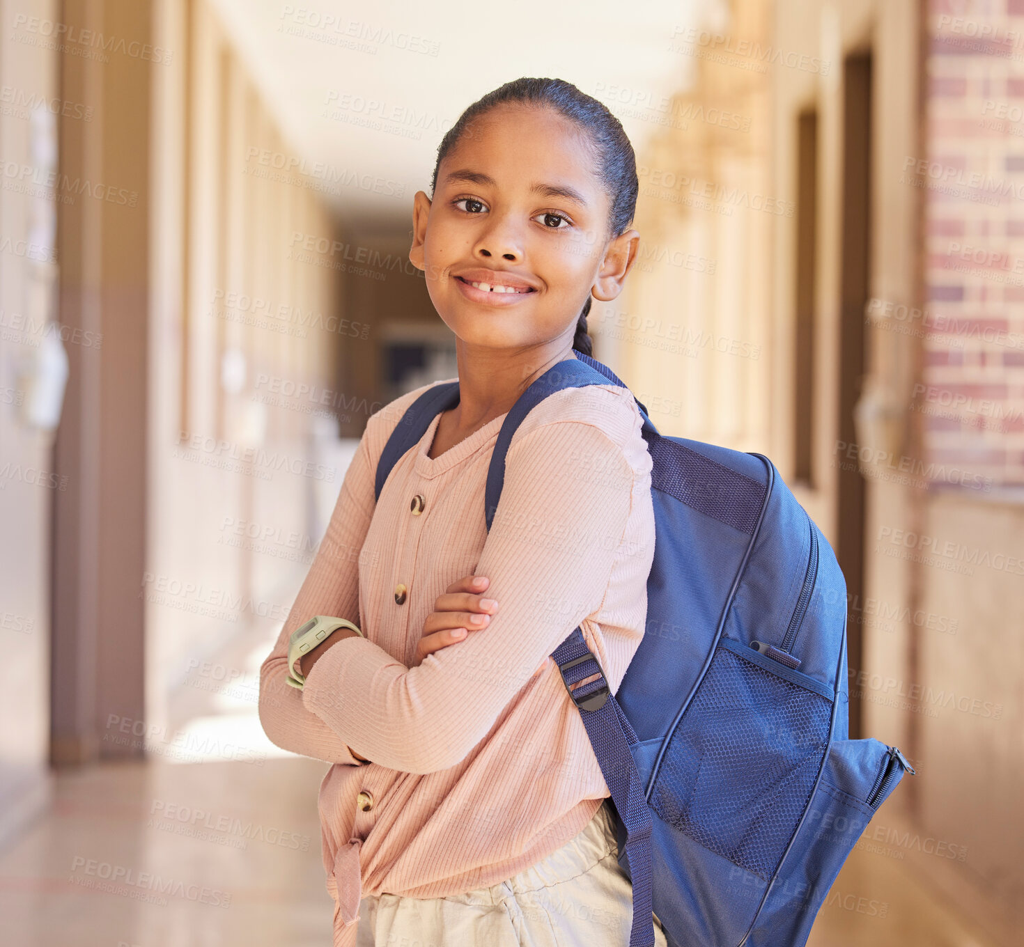 Buy stock photo Backpack, happy and portrait of a girl at school in the hallway for education, scholarship and learning. Happiness, study and child student with smile standing at academy with bag for back to school.