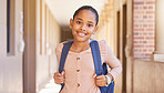 Happy, school girl and portrait smile with backpack for learning, education or childhood development at academy. Female teenager smiling for school and eager to learn, study or ready for class time