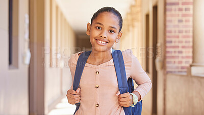 Buy stock photo Happy, school girl and portrait smile with backpack for learning, education or childhood development at academy. Female teenager smiling for school and eager to learn, study or ready for class time