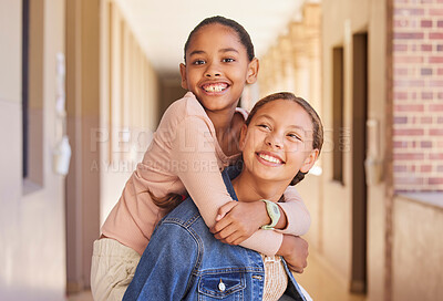 Buy stock photo friends, school and portrait of children doing piggyback, having fun and playing together at primary school. Education, back to school and young female students excited for learning, class and lesson