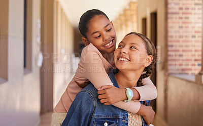 Buy stock photo School, girl and friends with smile for piggy back, play or happiness together for education. Young, female children and happy for learning, study or support with ride on back at campus with love hug