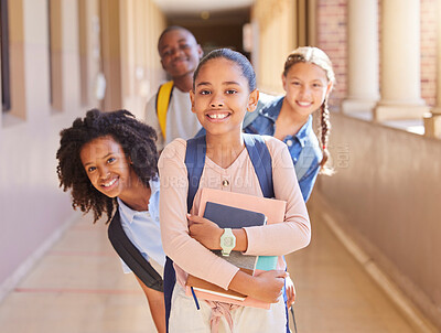 Buy stock photo School, friends and portrait of group of children in hallway excited for lesson, learning and class. Education, friendship and happy young students with backpack, books and ready for primary school
