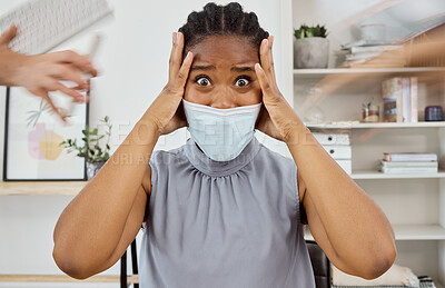 Buy stock photo Covid, stress and business black woman with time management, information update and office workplace risk report in hands. Anxiety, burnout and headache human resources manager in covid 19 face mask