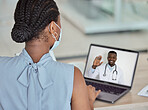 Covid, laptop and remote consultant with a doctor black man on a computer screen talking to a patient. Meeting, health and medicine with a woman on a video call with her male gp during corona virus