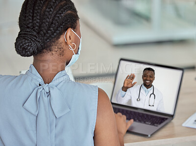 Buy stock photo Covid, laptop and remote consultant with a doctor black man on a computer screen talking to a patient. Meeting, health and medicine with a woman on a video call with her male gp during corona virus