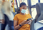 Bus travel, covid and black woman, smartphone and social media, reading notification and 5g online mobile tech on transportation. Young girl, face mask and corona virus safety with cellphone on metro