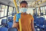 Bus travel, public transport and covid motor transportation of black woman portrait with a face mask. Traveling, corona health safety and employee going to work in morning with covid 19 security