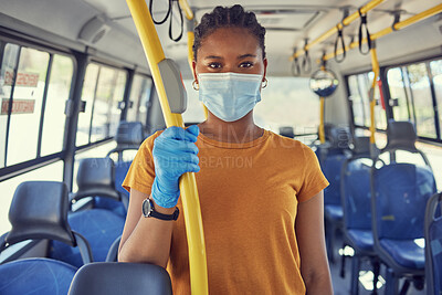 Buy stock photo Woman on bus travel, public transport and covid motor transportation of black woman portrait with face mask. Traveling, corona health safety and worker going to work in morning with covid 19 security