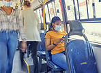 Travel, covid and woman on a bus with face mask for compliance, safety and bacteria protection in a city. Corona, public transport and girl riding busy transportation downtown during global pandemic