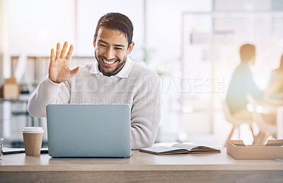 Buy stock photo Businessman, video call and laptop, wave hello and virtual meeting, global consulting or internet planning in startup company. Happy worker greeting for online meeting, zoom call and computer webinar