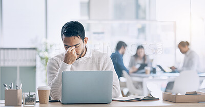 Buy stock photo Headache, stress and laptop with a business man at work in his office while suffering from fatigue. Computer, compliance and burnout with a male employee suffering with a bad fail while working