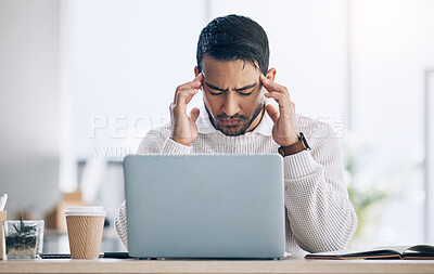 Buy stock photo Work, stress and burnout, man at computer reading spam email, glitch or 404 error in office. Headache, frustrated at work on tax compliance and businessman with problem on startup audit report online