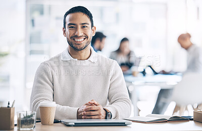 Buy stock photo Smile, marketing and businessman happy in a coworking office at a corporate agency. Ready, excited and portrait of an employee working at a desk with commitment, creativity and happiness at work