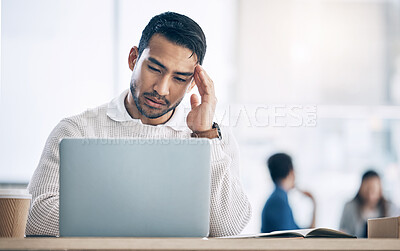 Buy stock photo Headache, businessman and laptop, stress and burnout, tech glitch or mental health problem at office desk. Frustrated, confused and anxiety worker, computer and online mistake, tax crisis and failure