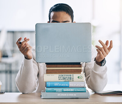 Buy stock photo Laptop, books and confused business student planning creative startup, digital marketing company or small business brand. Stress, anxiety and designer man on technology in research study or education