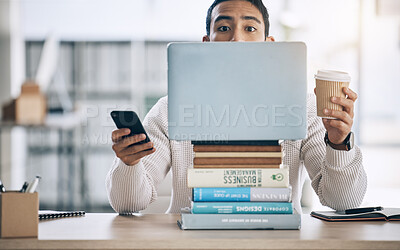 Buy stock photo Laptop, coffee and phone with a business man feeling overworked or overwhelmed by a pile of work. Computer, multitask and busy with a male employee working on a project, report or research deadline