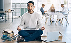 Meditation, relax or businessman with laptop, books or zen peace in office desk for work mindset, wellness or mental health. Corporate, employee or Asian man relaxing, meditating or lotus pose