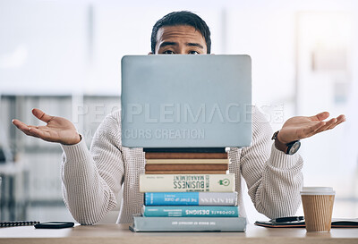 Buy stock photo Laptop, books and studying man with confused, stress or decision for business research, planning and project proposal idea at desk. Choice, knowledge and student on pc for accounting scholarship info