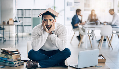 Buy stock photo Laptop, books and businessman in training fail, burnout and  stress with overwhelm workload in office, depression and tired. Corporate, business and sad man on a table, bored and moody while working