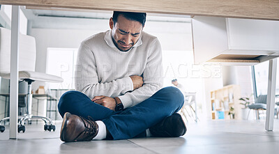 Buy stock photo Business stress, crying and burnout of a office employee suffering from mental health breakdown. Company business man with stomach pain and sad feeling under corporate desk with depression from work
