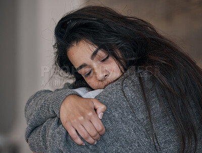 Buy stock photo Woman, sad or depression in house, home or mental health asylum with bipolar disorder, grief or loss. Anxiety, burnout or psychology stress for person in counseling, wellness therapy or suicide watch