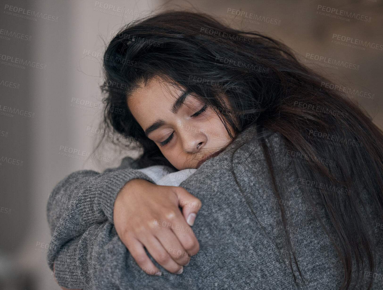 Buy stock photo Woman, sad or depression in house, home or mental health asylum with bipolar disorder, grief or loss. Anxiety, burnout or psychology stress for person in counseling, wellness therapy or suicide watch