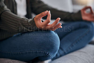 Buy stock photo Meditation, lotus hands and woman with zen and yoga at home, mindfulness and chakra balance for positive energy and wellness. Meditate on sofa, spiritual and peace, calm stress relief and healing.