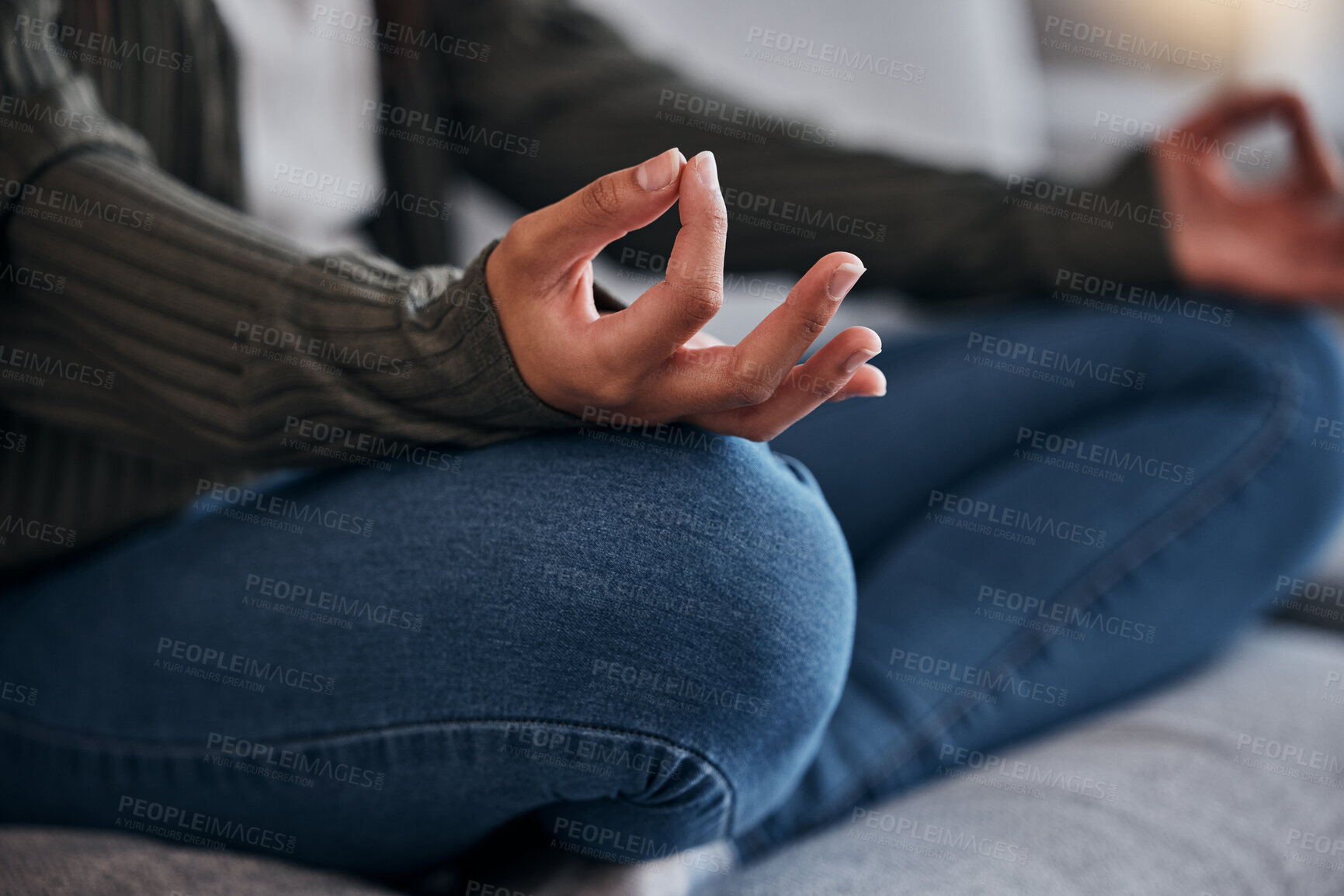 Buy stock photo Meditation, lotus hands and woman with zen and yoga at home, mindfulness and chakra balance for positive energy and wellness. Meditate on sofa, spiritual and peace, calm stress relief and healing.