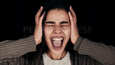 Buy stock photo Frustrated, scream and stress, black woman with face and anxiety, mental health problem against black studio background. Emotion, screaming and depression, lose control and pain expression.