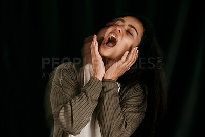 Crazy, bipolar woman crying, frustrated or anxiety on black studio mockup for psychology and mental health. Trauma, schizophrenia or depressed girl shout with depression, fear and mental illness
