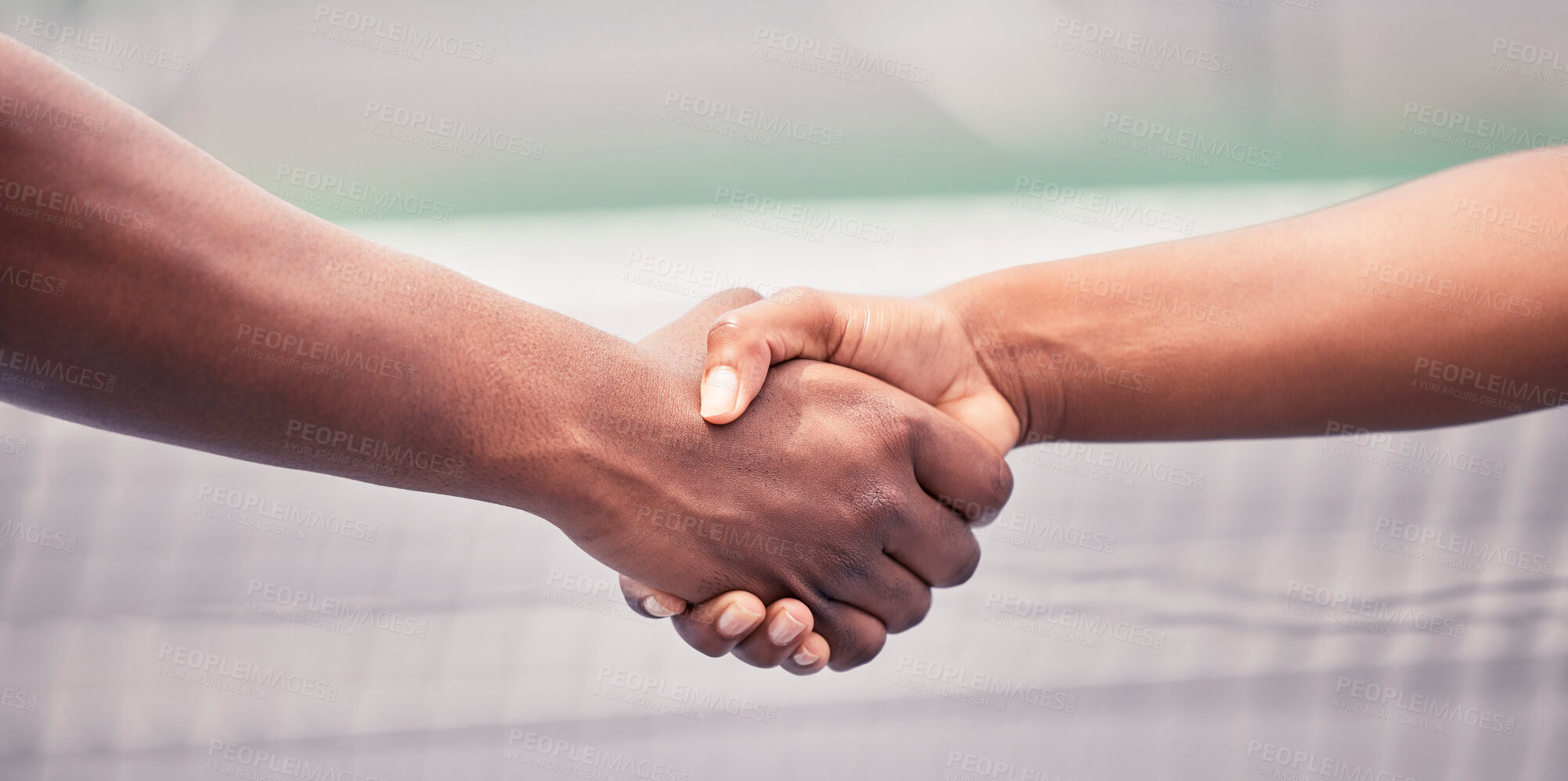 Buy stock photo Closeup, handshake and sport for support, teamwork or respect outdoor at tennis court with diversity. Shaking hands, training and sports for fitness, exercise or training together with tennis player