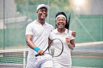 Friends, tennis and happy smile, fitness and racket after sport training, workout and practice at outdoor. Black man, woman and athlete couple, happiness and sports practice on tennis court together