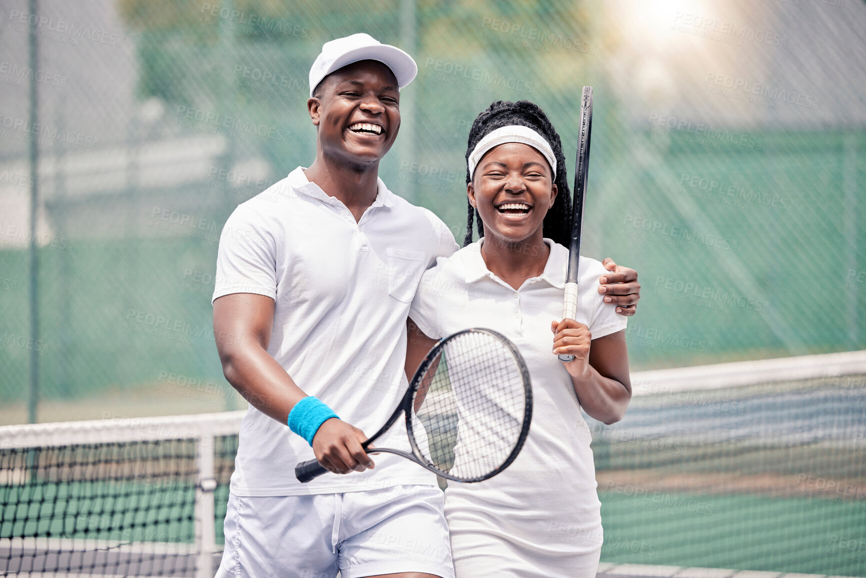 Buy stock photo Friends, tennis and happy smile, fitness and racket after sport training, workout and practice at outdoor. Black man, woman and athlete couple, happiness and sports practice on tennis court together