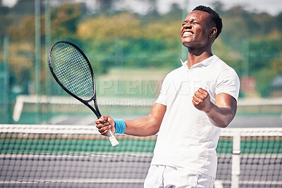 Buy stock photo Sports man, tennis court and yes gesture for match success or competition achievement. Tennis player, winner and workout motivation, excited for healthy exercise and challenge celebration on court