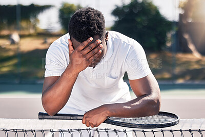 Buy stock photo Loser, tennis and black man fitness, for game and losing with headache outdoor on court. Mental health, African American male and athlete with stress, workout and bad training after frustrated match.