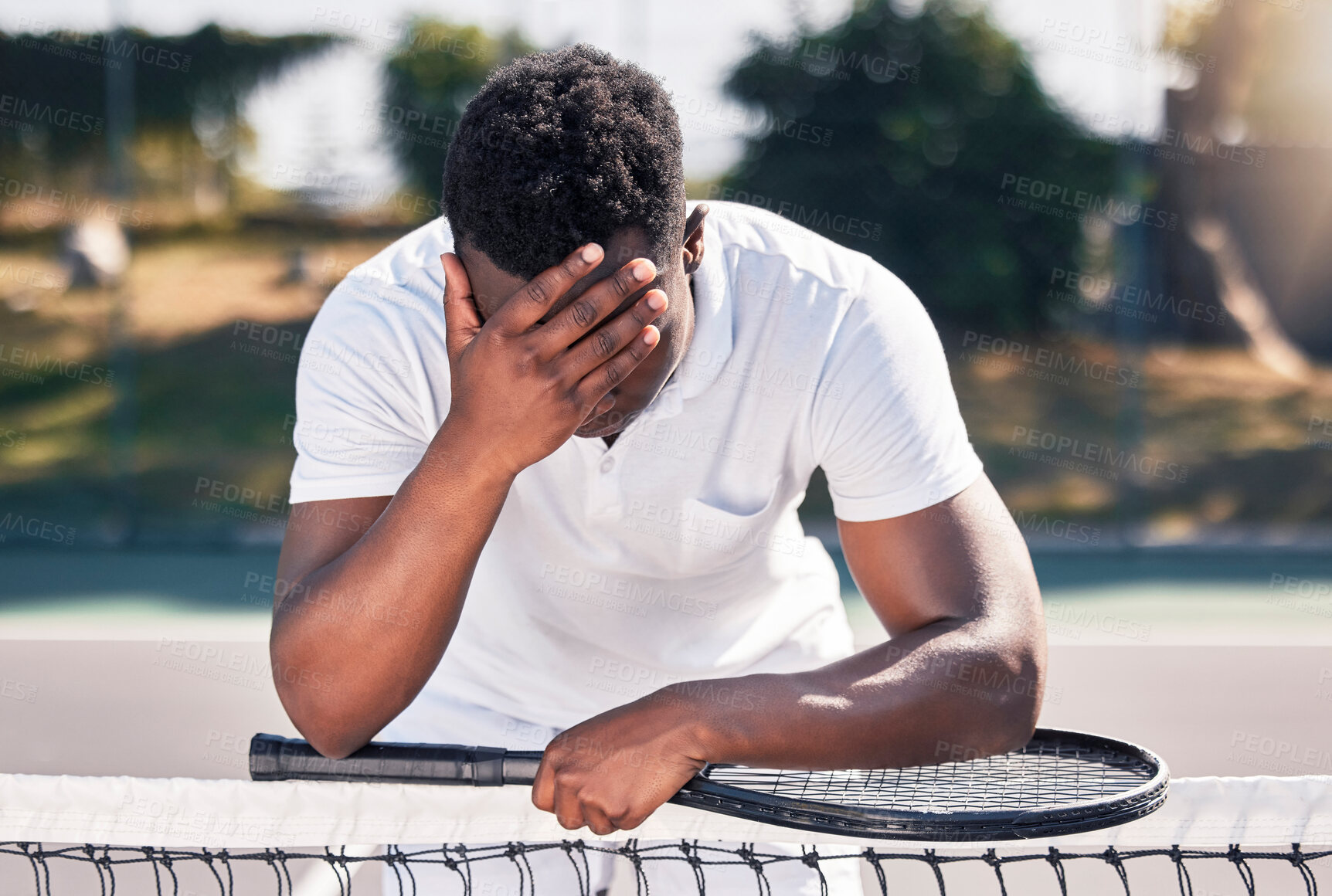 Buy stock photo Loser, tennis and black man fitness, for game and losing with headache outdoor on court. Mental health, African American male and athlete with stress, workout and bad training after frustrated match.