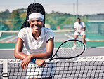 Sports, black woman and relax on tennis court outdoor for fitness, wellness exercise or workout portrait. Athlete person, training mindset and healthy tennis player smile on court net for break