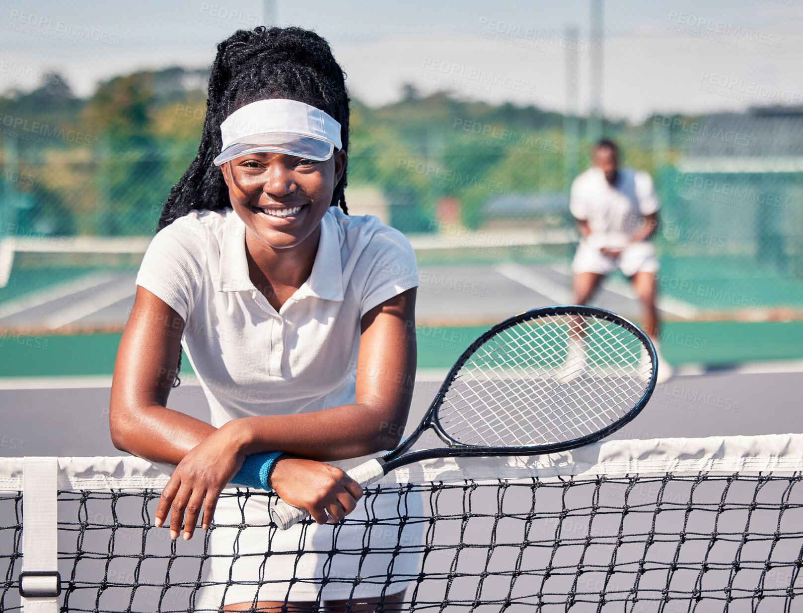 Buy stock photo Sports, black woman and relax on tennis court outdoor for fitness, wellness exercise or workout portrait. Athlete person, training mindset and healthy tennis player smile on court net for break