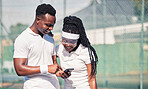 Tennis, couple and phone at happy training with laugh, smile and together for comic meme on social media. Man, black woman or tennis player with smartphone while rest at workout for fitness in summer