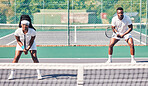 Tennis, teamwork and portrait of black couple on court for match, game or competition. Exercise, fitness and doubles partners, tennis players and man and woman training for sports practice outdoors.