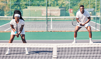 Buy stock photo Tennis, teamwork and portrait of black couple on court for match, game or competition. Exercise, fitness and doubles partners, tennis players and man and woman training for sports practice outdoors.