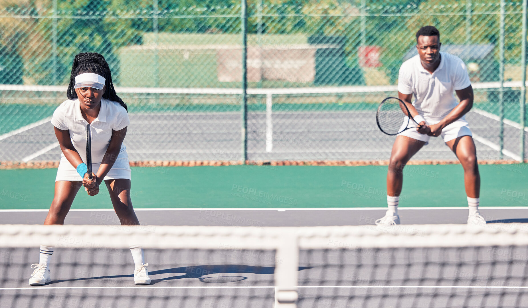 Tennis, teamwork and portrait of black couple on court for match, game or  competition. Exercise, fitness and doubles partners, tennis players and man  and woman training for sports practice outdoors. | Buy