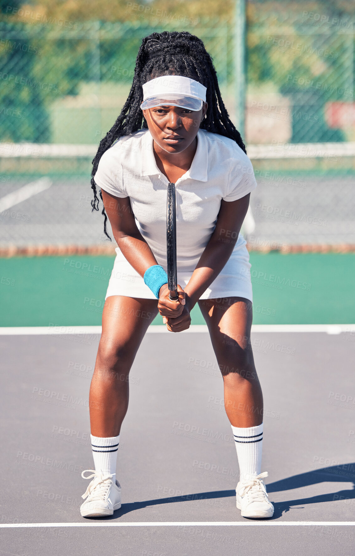 Buy stock photo Tennis, sports and portrait of black woman on court ready for game, match or competition. Healthcare, fitness and female tennis player on field preparing for training practice outdoors for exercise.