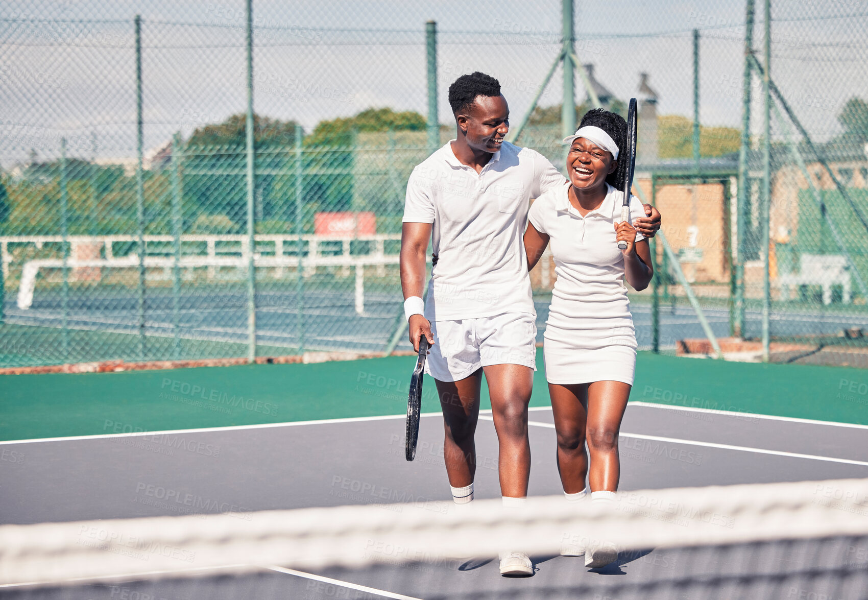 Buy stock photo Tennis, black couple and on court for training, smile and happy together outdoor for wellness, health or fitness. Sport, healthy man and woman practice, workout or exercise for game, match or bonding