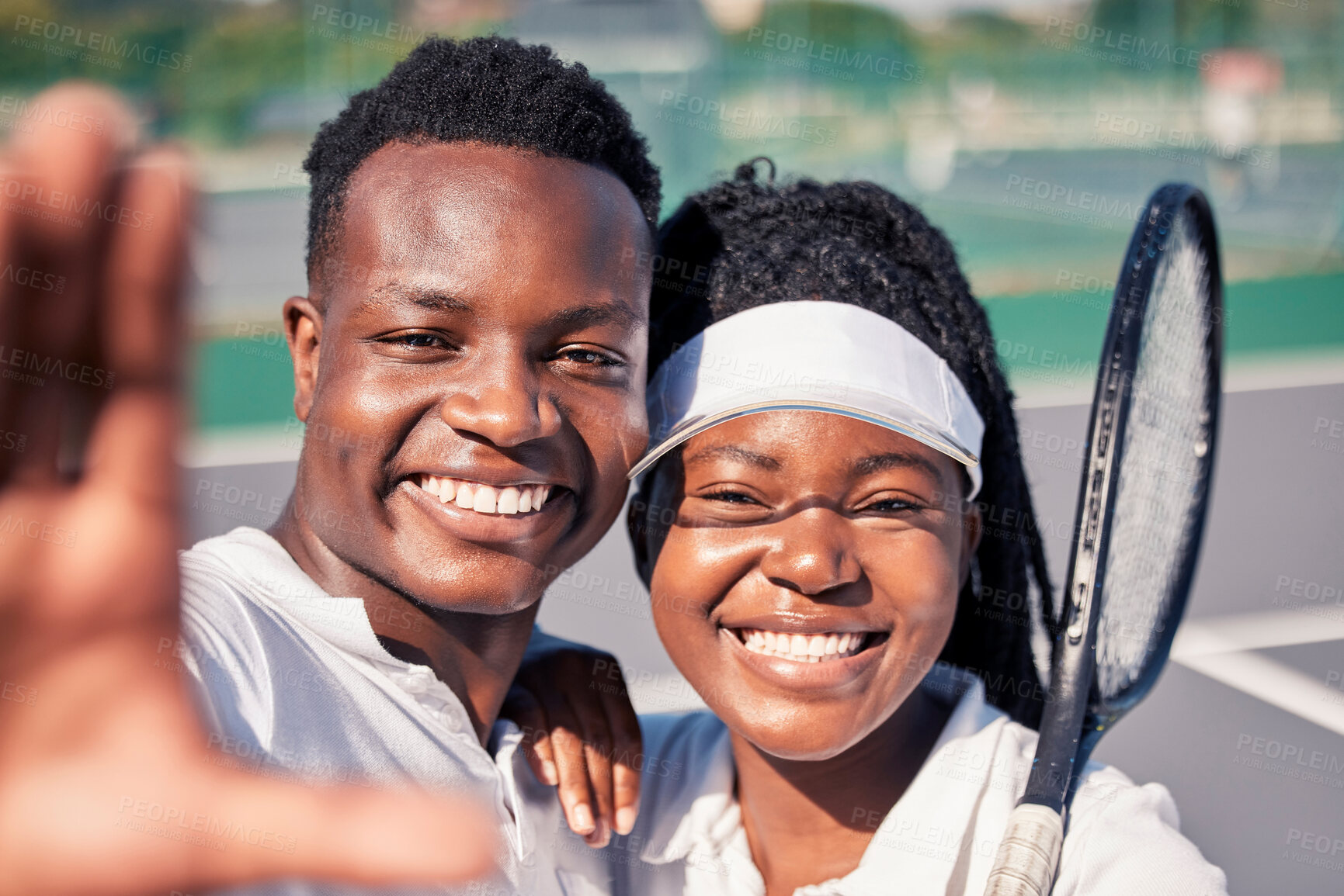 Buy stock photo Fitness, tennis and couple on court selfie together for health, wellness and bond picture. Black couple, love and photograph smile on tennis court for training, workout and cardio exercise.