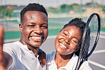 Sports, tennis and selfie portrait of black couple enjoying summer day playing game, match and training together. Fitness, exercise and face of man and woman on outdoor tennis court with racket