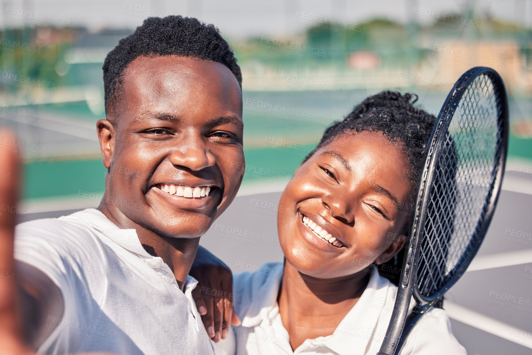 Buy stock photo Sports, tennis and selfie portrait of black couple enjoying summer day playing game, match and training together. Fitness, exercise and face of man and woman on outdoor tennis court with racket