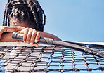 Tennis, sport fail and black woman sad after defeat at game or competition against a blue sky with depression, stress and anxiety. Burnout, tired and mental health of an athlete after loss or mistake